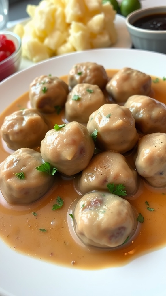 Delicious Swedish meatballs in creamy gravy served with mashed potatoes and lingonberry sauce.